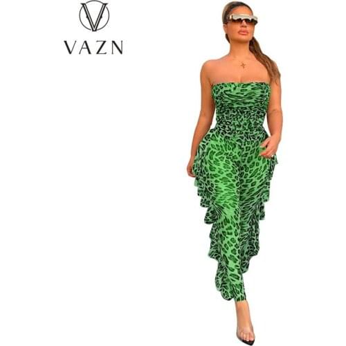 VAZN 2021 New Bandage Sexy Office Lady Women Sleeveless Strapless Loepard Party Beach Jumpsuits Full Pant Bandage Rompers
