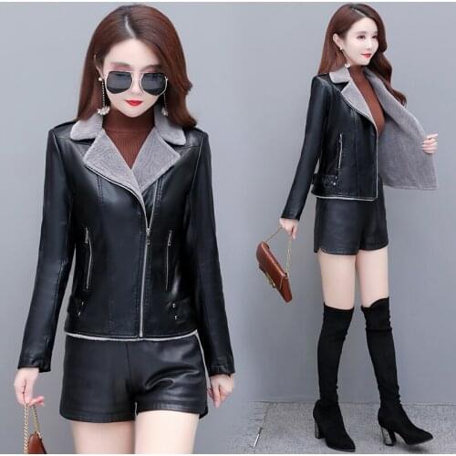 Women Faux Fur Coat pu Leather tops Short Warm Plush Thick Outerwear Ladies padded Fur locomotive Leather Jackets M-5XL Winter