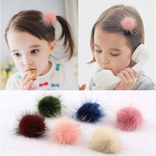 Furling Girl 1Pair Fashion Girls Women Mink Fur Pompoms Ball Barrettes Headwear for Chilren Hair Clip Hair Accessories