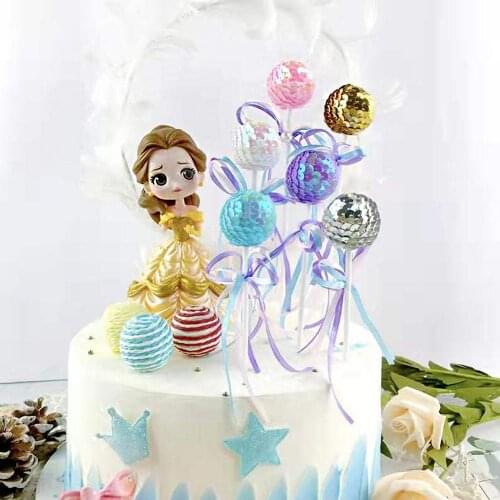 2pcs Paillette Lollipop Cake Topper Princess Theme Birthday DIY Cake Top Flags Decoration Cupcake Topper Party Supplies