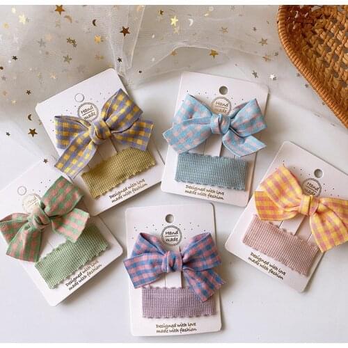 2 Pcs New Korean Fresh Simple Lattice Fabric Bow Duckbill Clip for Sweet Girl Children Fashion Square BB Clip Hair Accessories