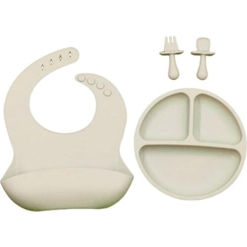 4 Pcs/Set Baby Training Feeding Food Bowl Spoon Fork Bibs Set Anti Slip Silicone Suction Divided Plate Tray Utensil BPA-Free for