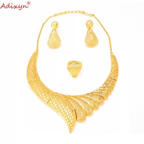 Adixyn Dubai Earrings Ring Necklace Jewelry set 24k Gold Color Indian Jewelry Africa Gifts Party Wedding Accessories N1021M7