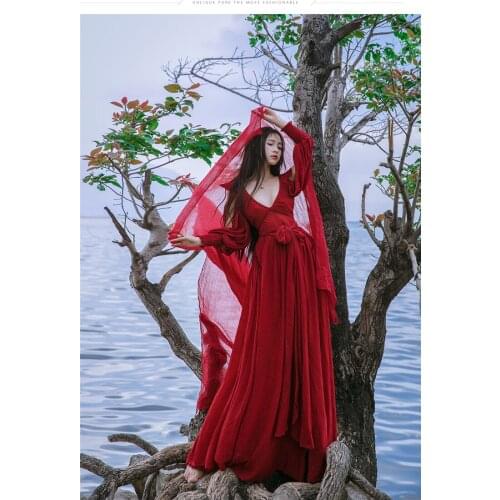 Free ship ramie cotton wine red V neck long vintage medieval dress Renaissance princess fairy costume Victorian dress/Marie