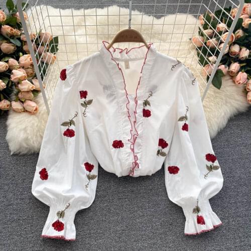 SINGREINY Design Sweet Embroidery Blouse Women Korean Fashion Single Breasted Slim Tops Autumn Casual Streetwear Blouses 2021