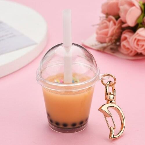 Mini Drink Keychain Decompression Jewelry Simulation Pearl Milk Tea Acrylic Keyring Personality Moon Buckle Key Chain with Straw