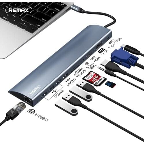 Remax 6 in 1/8 in 1/11 in 1 HUB 4K USB Type-C to USB 3.0 TF/sd HDMI VGA RJ45 3.5mm Docking Station Laptop