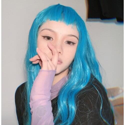 Harajuku Blue Lolita Wig Women Long Curly Hair Wavy Fringe Bangs Adult Chic Girls Cosplay Daily Wear