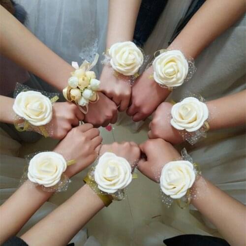 Team Bride Artificial Rose Wrist Flower Bridesmaids Hand Flowers Wedding Gifts for Guests Bridal Party Favors Supplies