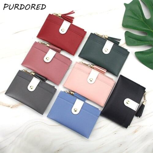 PURDORED 1 Pc Mini Tassel Card Holder Small Women Credit Card Case PU Female Zipper Slim Mini Coin Purse Ladies Card Wallet