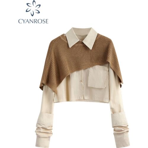 Autumn Fashion Women Two Pieces Sets Long Sleeve Short Blouse Shirt + Solid Knitted Pullover Crop Shawl Sweater Female Tops