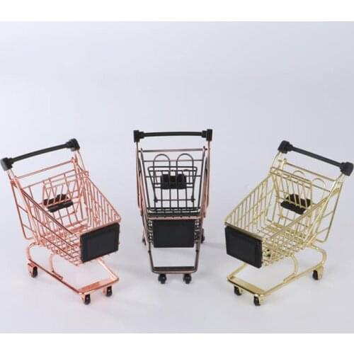 Creative Rose Gold Mini Shopping Cart Storage Baskets Supermarket Golden Trolley Iron Metal Trolleys Set Basket SN506