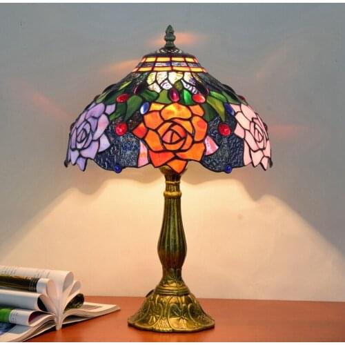 American Country Garden Creative Vintage Tiffany Stained Glass Roses Bedroom Bedside Lamp Bar Lighting