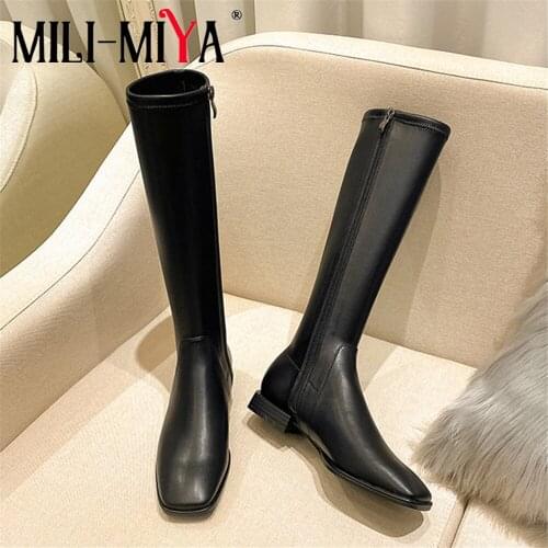MILI-MIYA Fashion Women Motorcycle Boots Knee-High Cow Leather&Stretch Pu Square Toe Slip-On Waterproof Square Heels Size 34-39