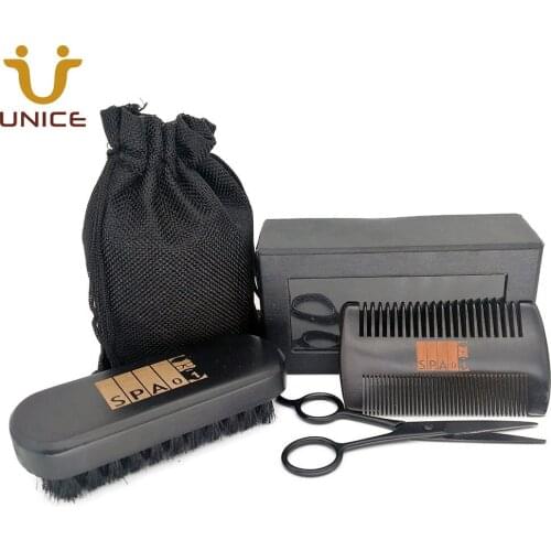 MOQ 100pcs Custom LOGO Men Black Beard Care Suit Fine & Coarse Teeth Wood Comb & Boar Bristle Beard Brush & Scissors in Gift Box