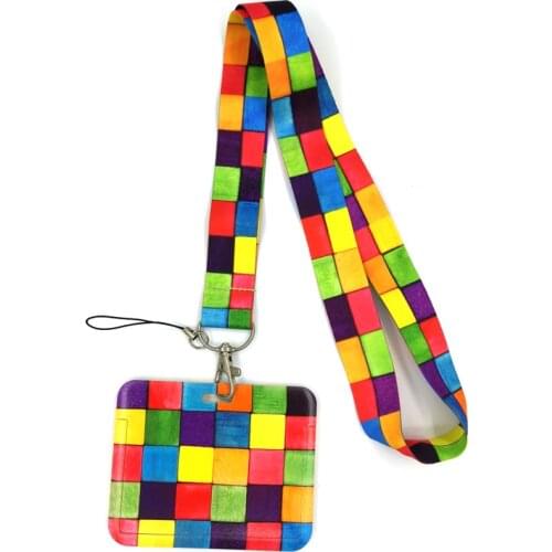 Rainbow lattice Pattern Lanyard Credit Card ID Holder Bag Student Women Travel Card Cover Badge Car Keychain Decorations