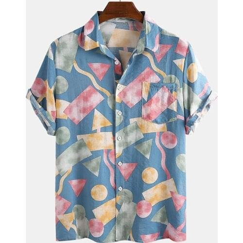 Print Shirts Men Short Sleeve Casual Mens Aloha Shirt Beach Holiday Hawaiian Camisas Summer Cotton Harajuku Geometry Camisas