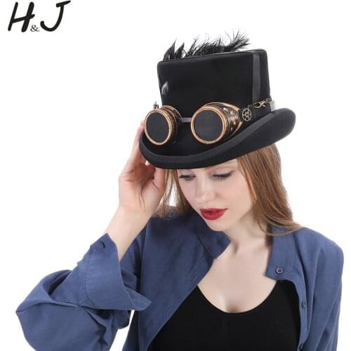 100% Wool Black Women Men Steampunk Top Hat With Handmade Glasses Gear Feather Fedora Cosplay Hat Top 15CM 4 Size Steampunk Hat