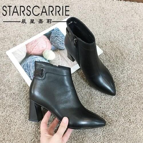 The first layer of cowhide and cotton warm fashion womens boots autumn and winter new black leather boots high heel shoes
