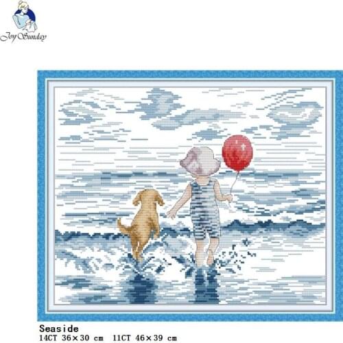 Seaside landscape cross stitch DIY little boy and puppy print pattern 14ct 11ct needlework embroidery set home decoration crafts
