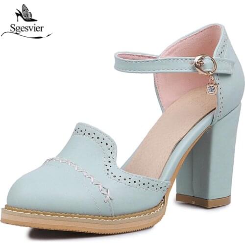 Sgesvier Fashion Vintage Round Toe Buckle Straps Pumps Shoes Woman Casual Thick Heels Beige Pink Colors Footwear Ladies B557