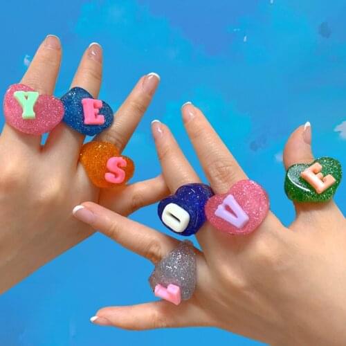 90s Aesthetic Candy Color 26 English Letter Rings For Women Acrylic Vintage DIY Cute Resin Rings Charms Y2K Jewelry Fashion Gift