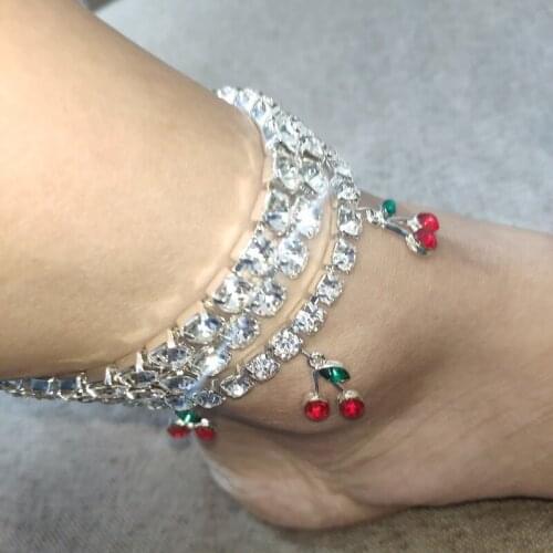 Rhinestone Cherry Ankle Bracelet Tennis Chain Crystal Anklets for Women Beach Leg Foot Bracelets Boho Jewelry