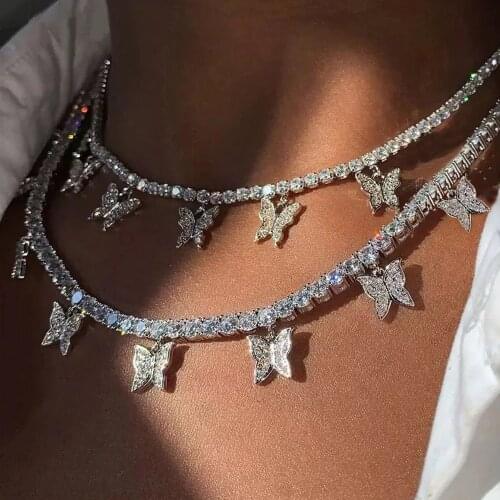 2021 Trendy Iced Out Neck Chain Crystal Butterfly Choker Necklace for Women Multilayer Cross Rhinestone Pendant Necklace Jewelry