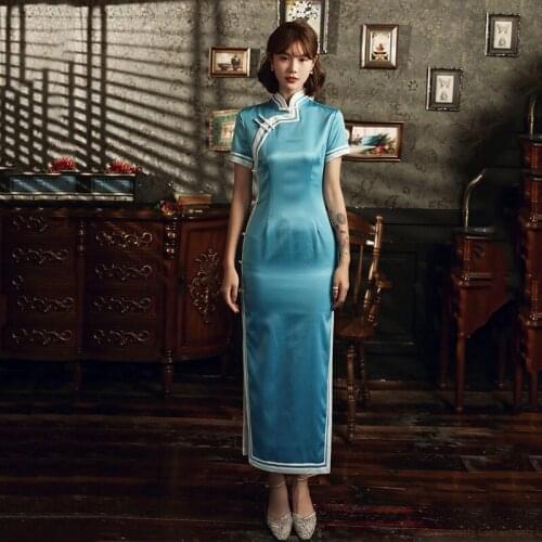 Female Solid Satin Cheongsam Long Mandarin Collar Chinese Style Evening Dress Gown Sexy Slim Qipao Plus Size 3XL Vestidos