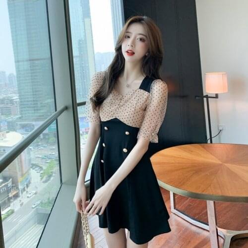 COIGARSAM Women one-piece dress korean Summer Square Collar Dresses Black 795