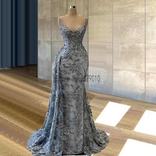 Dubai Lace Mermaid Evening Dresses V Neck Luxury Heavy Beading Evening Gowns Floor Length Long Formal Dress