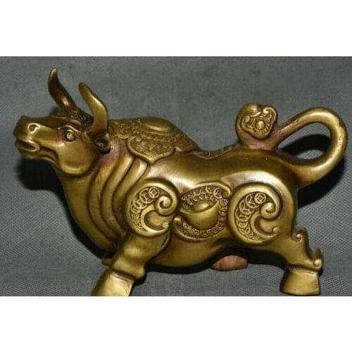 16CM Chinese Copper Fengshui Wealth Strong Ox Cattle Bull Statue Sculpture