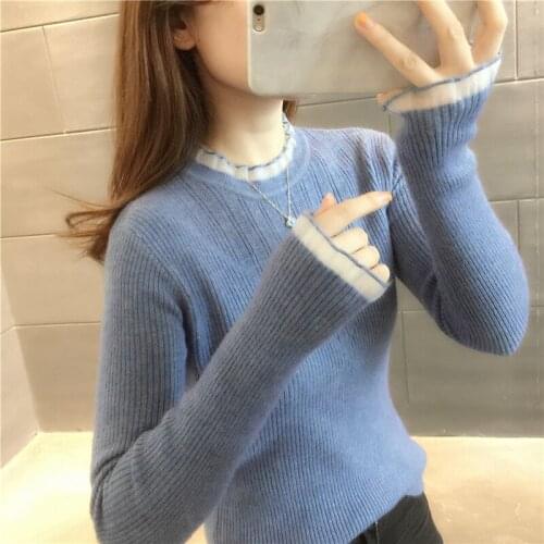 21076 make pure color lace stitching pullovers render unlined upper garment to 39