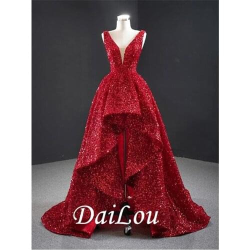 Ball Gown Luxurious Sexy Engagement Prom Dress V Neck Sleeveless Court Train Sequined with Sequin 2021