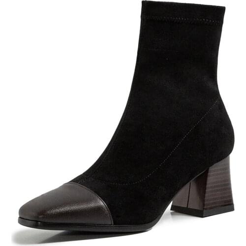 Square Head Microfiber Stitching Matte Suede Thick Heel Elastic Boots Khaki High Heel Sleeve Autumn And Winter Womens Shoes