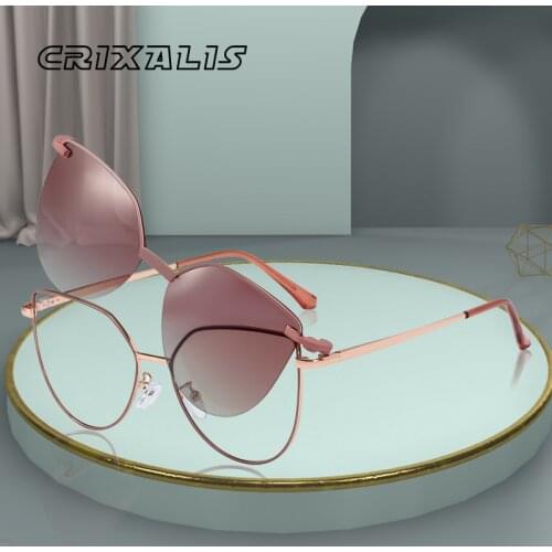 CRIXALIS Cat eye Metal Anti Blue Light Sun Glasses For Women Polarized Flip-on Sunglasses Men Lady UV400 lunette de soleil femme