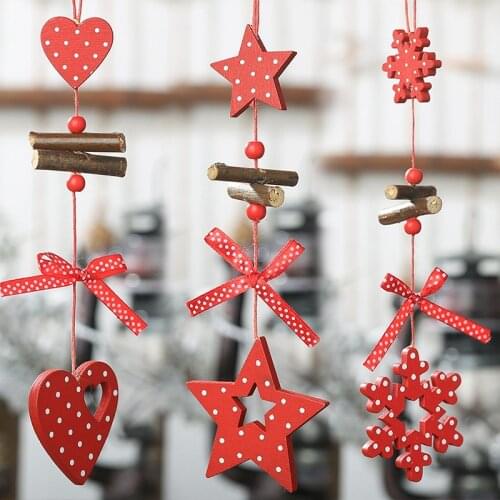 DIY Red Christmas Snowflakes&Star&Tree Wooden Pendants Ornaments Home Christmas Party Xmas Tree Kids Gifts Decorations