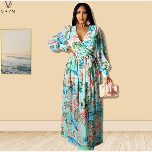 VAZN 2021 Autumn Print High-end Chiffon Plus Size Retro Loose Long Holiday Dress Full Sleeve Women For Evening Robe