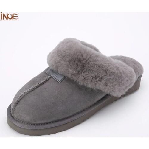 INOE Sheepskin Leather Wool Fur Lined Men Home Shoes Winter Suede Slippers Indoor House Shoes for Man Half Slippers Waterproof