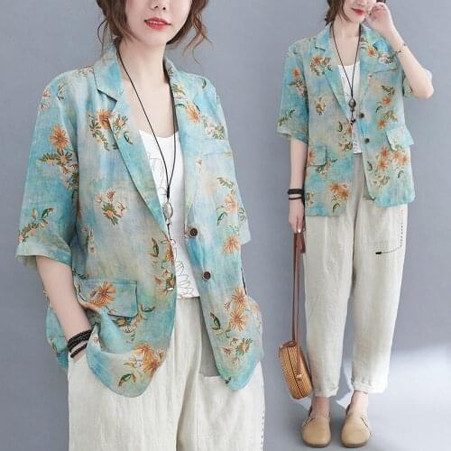 Ramie Cardigan Loose Print Retro Shirt Jacket Two Button Suit Wild Cotton And Linen Large Size Female Blouse Women Tops zh1177