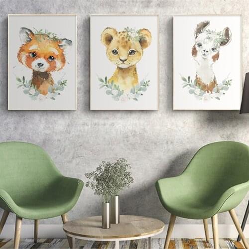 Cartoon Animal Print Canvas Painting Watercolor Cute Zebra Fox Elephant Poster for Children Room Wall Art Decor Nursery Picture