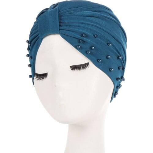 Soft inner Caps solid color New Muslim stretch twist pearl beads turban bonnet woman Indian hat Islamic underscarf Headwear