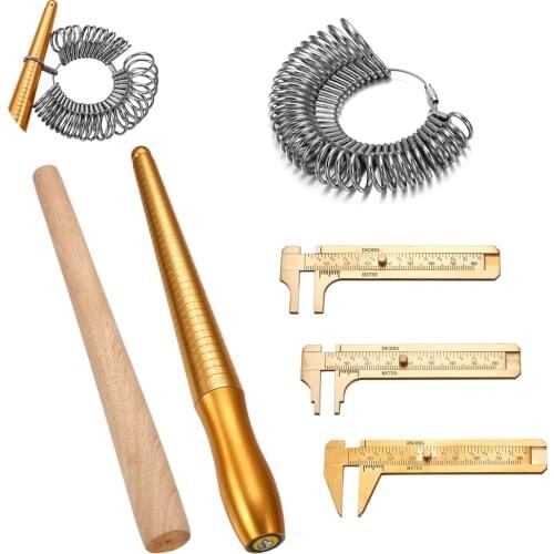 Jewelry Tool Set UK US EU HK Ring Measure Stick Copper Caliper Wood Stick Rubber Hammer For Diy Jewelry Making Findings Kits