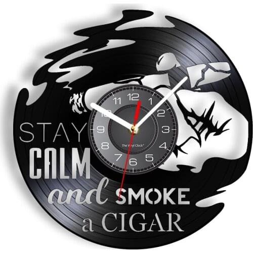 Stay Calm & Smoke A Cigar Wall Clock Made Of Re-purposed Record Deal With Stress Problem-solving Modern Vinyl Decor Timepieces