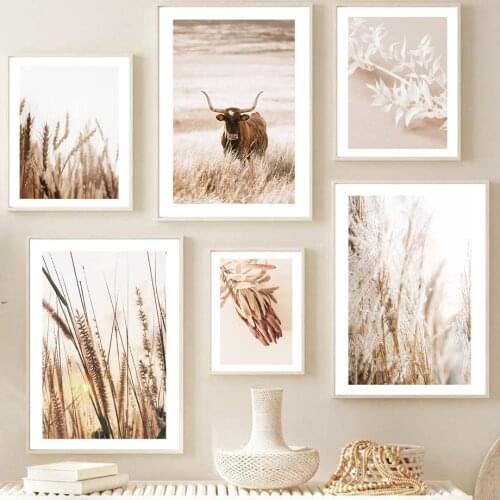 Natural Wheat Reed Beach Waves Meadow Cow Leaf Plant Wall Art Print Canvas Painting Nordic Poster Decor Pictures For Living Room