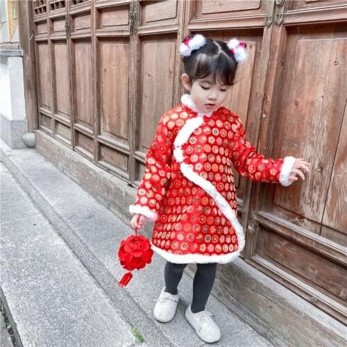 Toddler Girls New Years Clothes Chinese Style Red Thicken Dress For Girls Kids Print Cheongsam Dress 2-6 Y Childrens Clothing