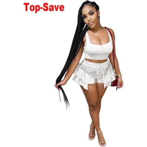 Lounge Wear Solid Two Piece Set Women Tracksuit Crop Tops+Elastic Bike Shorts Sporty Matching Suits Casual Ruffles Female Outfit