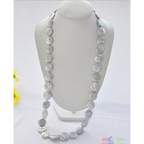 Huge 33" 22mm gray coin freshwater pearl necklace bowknot clasp