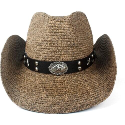 New Women Men Hollow Western Cowboy Hat Lady Dad Beach Sombrero Hombre Straw Panama Cowgirl Jazz Sun Cap Size 56-58CM