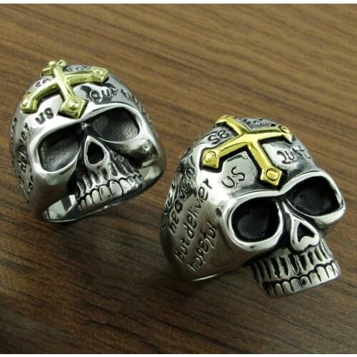 Punk US Size 8-14# 316L Stainless Steel High Quality Gold Plated Cross Skull Ring Man Black Oil Painting Jewelry for Gift